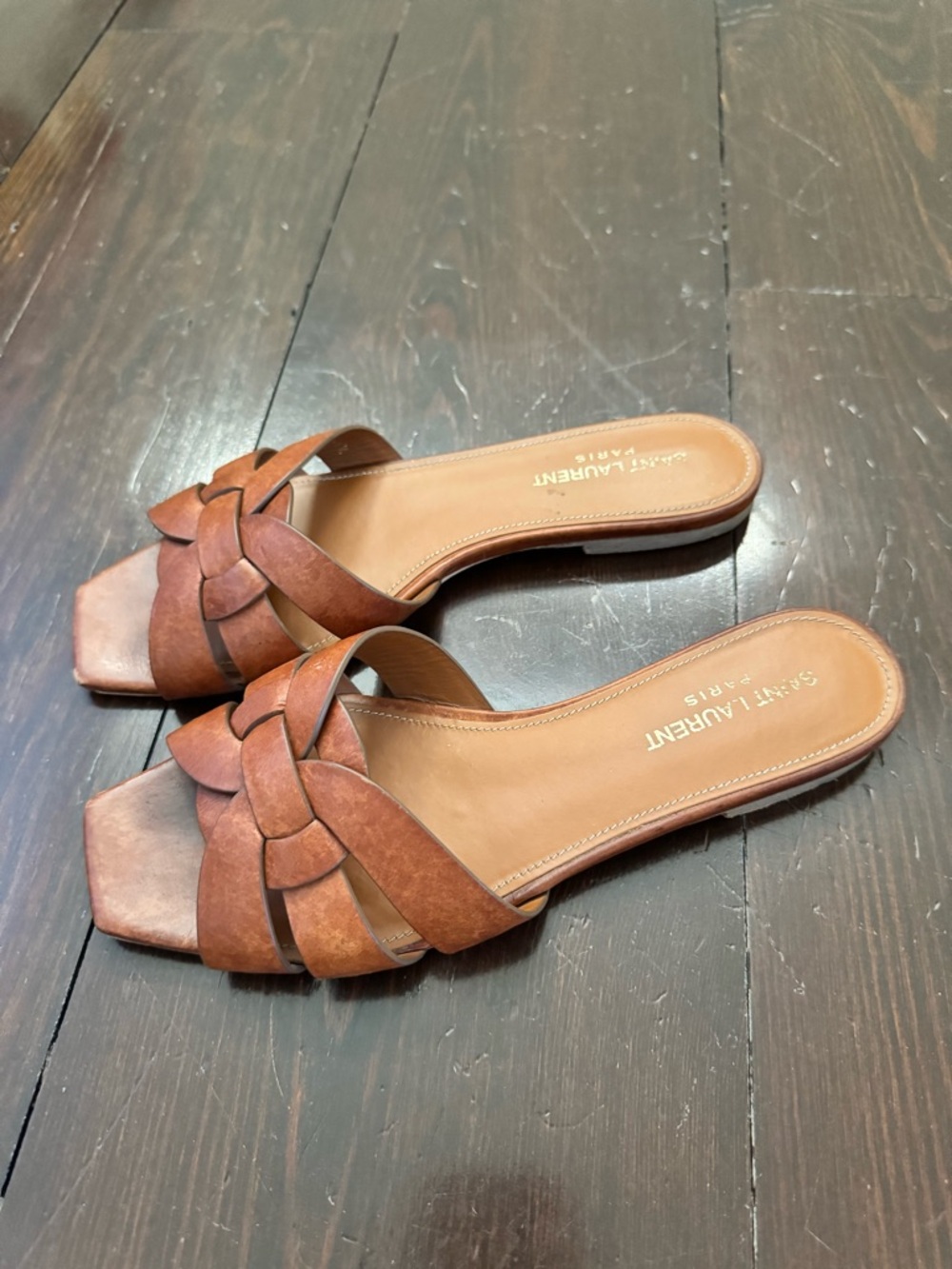 Saint Laurent Tribute Flat Sandal Tan Leather 37.5